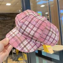 Korean Pink Plaid Beret Cap for Women Autumn Spring British Octagonal Newsboy Hats Female Girl Fashion Cotton Duck Tongue Hat rožinė