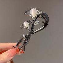 1Pc High-end Ginkgo Biloba Hairpin, Light Luxury Cat's Eye Hair Accessories, Women's Back of The Head, Hairpin, Frog Buckle, Twist Clip, One-word Clip black