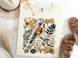 Goldfinch Wildflower Shirt, Boho Floral Goldfinch Birdwatching Tee, Bird Lover Gift S beige