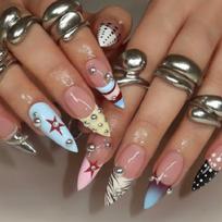 Party Look Press-On Nail Set 24 Pieces, Long Almond Reusable False Nail Art with Star Bead Pattern for Party Wear Styling and Close Photos 1 brown