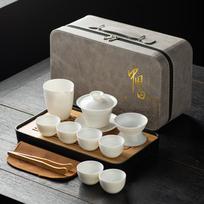 White porcelain tea set, full set of Kung Fu tea set, suet jade cover bowl, teacup, travel tea set gray