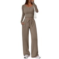 Women's Casual Two-Piece Athletic Set with Cropped Long Sleeve Button Top and Side Pleat S ruda