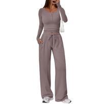 Women's Casual Two-Piece Athletic Set with Cropped Long Sleeve Button Top and Side Pleat S