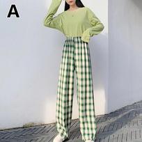 Moteriškos retro stiliaus plačios laisvalaikio kelnės elastinės vasarinės aukšto juosmens laisvos languotos lengvos one size žalia