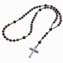 Obsidian Tigers Eye Bead Necklace With Cross Pendant Handmade For Men And Women raudona