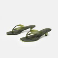 Korean Muted Tone Olive Green Pvc Thong Sandals Women Clear Slim Kitten Heel Square Toe Backless Shoes Green Casual Flip Flops 41 žalia