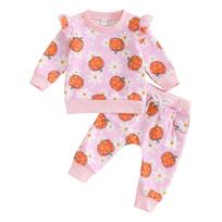 Baby Girls Halloween Pumpkin Embroidery Pullover Neck Long Sleeve Sweatshirt with Elastic Waist Flare Pants Set 80 rožinė