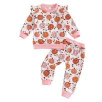 Baby Girls Halloween Pumpkin Embroidery Pullover Neck Long Sleeve Sweatshirt with Elastic Waist Flare Pants Set 100 oranžinė