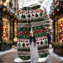 Men's Casual Loose Fit Corduroy Straight Leg Pants with Christmas Print and Elastic Waist XXL žalia