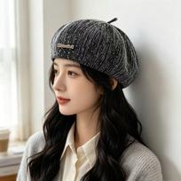 Sparkling Gypsy Beret Female Autumn and Winter Retro Shiny Silk Painter Hat Show Small Versatile Temperament Pumpkin Hat One size (56-60cm) gray