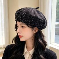 Sparkling Gypsy Beret Female Autumn and Winter Retro Shiny Silk Painter Hat Show Small Versatile Temperament Pumpkin Hat One size (56-60cm) white