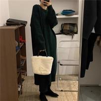 Lazy Wind Crew Neck Pullover Sweater Skirt Women's Loose Over Knee Long Side Split Knitted Sweater Dress Top one size fits all juoda