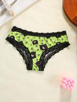 Girls' Skull Print Lace Trim Mid-Waist Thong - Comfortable, Breathable Hip-Hugging Underwear XL black