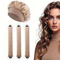 4 Pcs No Heat Hair Curler Set with Satin Bonnet, Overnight Anti-Frizz Wave Styling Tools, Adjustable Soft Fit for All Hair Types chaki