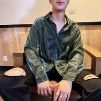 Men Shiny Liquid Metal Long Sleeve Loose Shirt Nightclub Stage Performance Casual Fashion Top L žalia