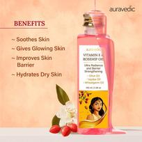 Auravedic Rosehip Oil Vitamin E Oil for Face Bodyoil After Bath For Daily Use with Olive Jojoba Orange Oil & Almond Oils For Soft Glowing Nourished white