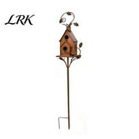 Garden Decoration Stake Metal Bird House Stakes, Feeder Decor, Weatherproof Retro Courtyard Accent Iron Art Decor for Outdoor Lawn Yard Flower brown