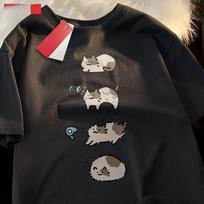 Bathing Cat Cute Cartoon Short Sleeved T-shirt for Women Casual Loose Summer Breathable Hair Dryer Pure Couple Tshirt Fashion 4XL juoda