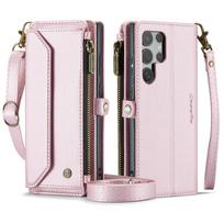 Suitable for S24 crossbody phone case, ZFold7 zipper wallet leather case, Galaxy A55 flip multi-functional protective case Samsung A24 4G rožinė