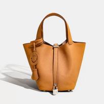 2026 Moteriška natūralios odos karvės odos pintinė kibiro formos rankinė - Universali, prabangi rankinė 18*13*18 with Inner Bag brown