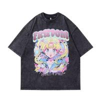 Classic Anime Sailor Moon Manga Graphic Print T-shirt Men Women Loose Casual Oversized Short-sleeved Vintage Washed O-neck Cotton Summer New Tee L violetinė