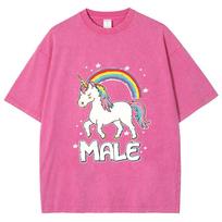 Summer Rainbow Unicorn Print Women's Cotton Washed T-Shirt Oversized Loose Mid Sleeve Cute Fashion High Quality Top 2XL pink