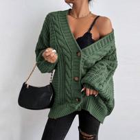 Women's Fashion Loose Cable-knitted Long Sleeve Cardigan Jacket XL žalia