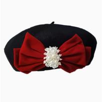Women S Velvet Bow Pearl Warm Korean Style Beret Hat One Size juoda