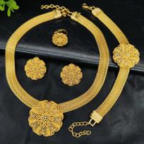 24K Gold Plated Jewelry Set: Dubai-Indian Inspired Necklace, Bracelet, Earrings, and Ring 24K Gold Plated brown