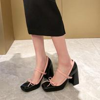 Fashion Chunky Heel Mary Jane Shoes Bow Fashions Square-toe High Heels Summer 2024 Retro Platform Sandals Silver Heeled Mary Jane Women 37 juoda