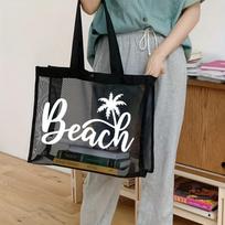 1 vnt. Ypač talpi paplūdimio rankinė - Skaidrus tinklinis dizainas su užrašu „THE BEACH BAG“, kvėpuojanti ir patvari nailoninė rankinė kelionėms black