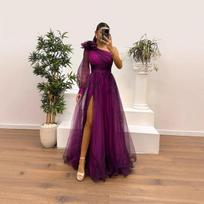 Moteriška suknelė vienu petumi, gėlėta vakarinė suknelė su permatomomis ilgomis rankovėmis, elegantiška oficiali suknelė su aukštu skeltuku XL tamsiai violetine spalva