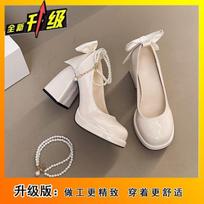 Thick heel Mary Jane high heels bow with skirt high heels women's 2025 new pearl chain small single shoes 40 white