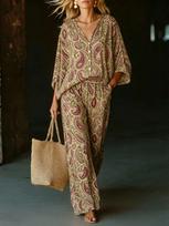 1116 New V-neck printed wide-leg pants set for women's summer leisure loose two-piece fashion vacation style 4XL brown