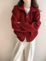Women's Long Sleeve Sweater Stand Collar Lazy Style Knit Cardigan Zip Up Casual Outerwear ONE SIZE raudona