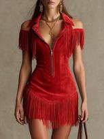2026 Y2K Amerikietiško Retro Suede Kutų Suknelė Off-the-Shoulder - Vakarų Stiliaus, Liemenį Pritraukiantis Trumpas Sijonas XL raudona