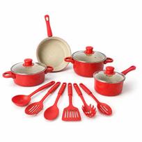 13-Piece Non-Stick Cookware Set: Wok, Soup Pot, Frying Pan, Milk Pot, and Spatula for Household Kitchens raudona
