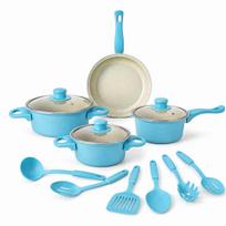 13-Piece Non-Stick Cookware Set: Wok, Soup Pot, Frying Pan, Milk Pot, and Spatula for Household Kitchens dangaus mėlyna spalva