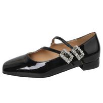 Fashion Mary Janes Shoes for Women Square Head Rhinestone Double Buckle Strap Shallow Low Heels Ladies Luxury Pumps Office Career Shoe 40 juoda
