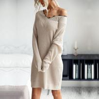 Autumn and winter lazy v-neck knitted sweater lace splicing sweater skirt dress L gray