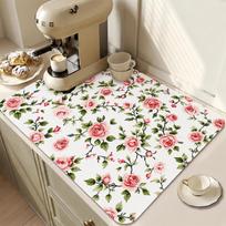 1Pcs Rubber Drying Mat With French Style Rose Themed For Coffee Shop Restaurant Kitchen Carpet Tableware Durable Diatom Mud 30*40cm beige