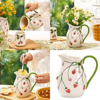 Decorative Strawberry Ceramic Pitcher Vase for Flowers, Desktop Accent Milk Jugs Vase with Handle for Living Room Table, Entrywa CN beige
