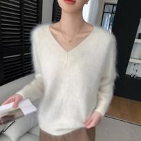 Women's V-Neck Cashmere Sweater: Loose, Thickened, Lazy Style Knitwear for Autumn/Winter 2025 L white