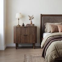 Simple bedside table, grooved wooden with 2 drawers, medieval modern, walnut veneer curved edge cabinet, bedroom living room storage desk 57 x 40 x 57 cm