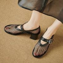 Mesh Mary Jane Single Shoe Women's Summer New Round Head Line with Hollow Mesh High-heeled Sandals 40 juoda