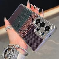For Samsung Galaxy S24 S25 Plus Edge Ultra Case Plated Carbon Fiber Pattern Magnetic Camera Lens Protection Soft TPU Cover Galaxy S25 gray