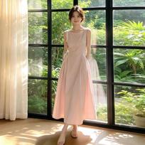 The small man is huge and good-looking French pink sleeveless dress, children's early summer unique and beautiful high-end a-word long dress l (priority for collection and follow-up delivery) gray