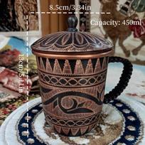 Pattern Random Handcrafted Vintage Pure Copper Coffee Mug,Camping With lid 400 ml Beer Cup,Carving Unique Art Gift Mug Tableware 450ml brown