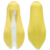 80cm Spalvota Ilga Tiesi Cosplay Perukas Anime Kostiumo Perukas su Šonine Kirpčiukų Dalimi šviesiai geltonos spalvos