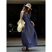 Johnature Summer French-Style Vintage Pocket Tulip Dress Simple Comfortable Breathable Loose Vacation Dress For Women M tamsiai mėlyna